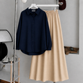 Navy Blue Blue Button-Down Shirt & Beige Summer Flowy Maxi Skirt