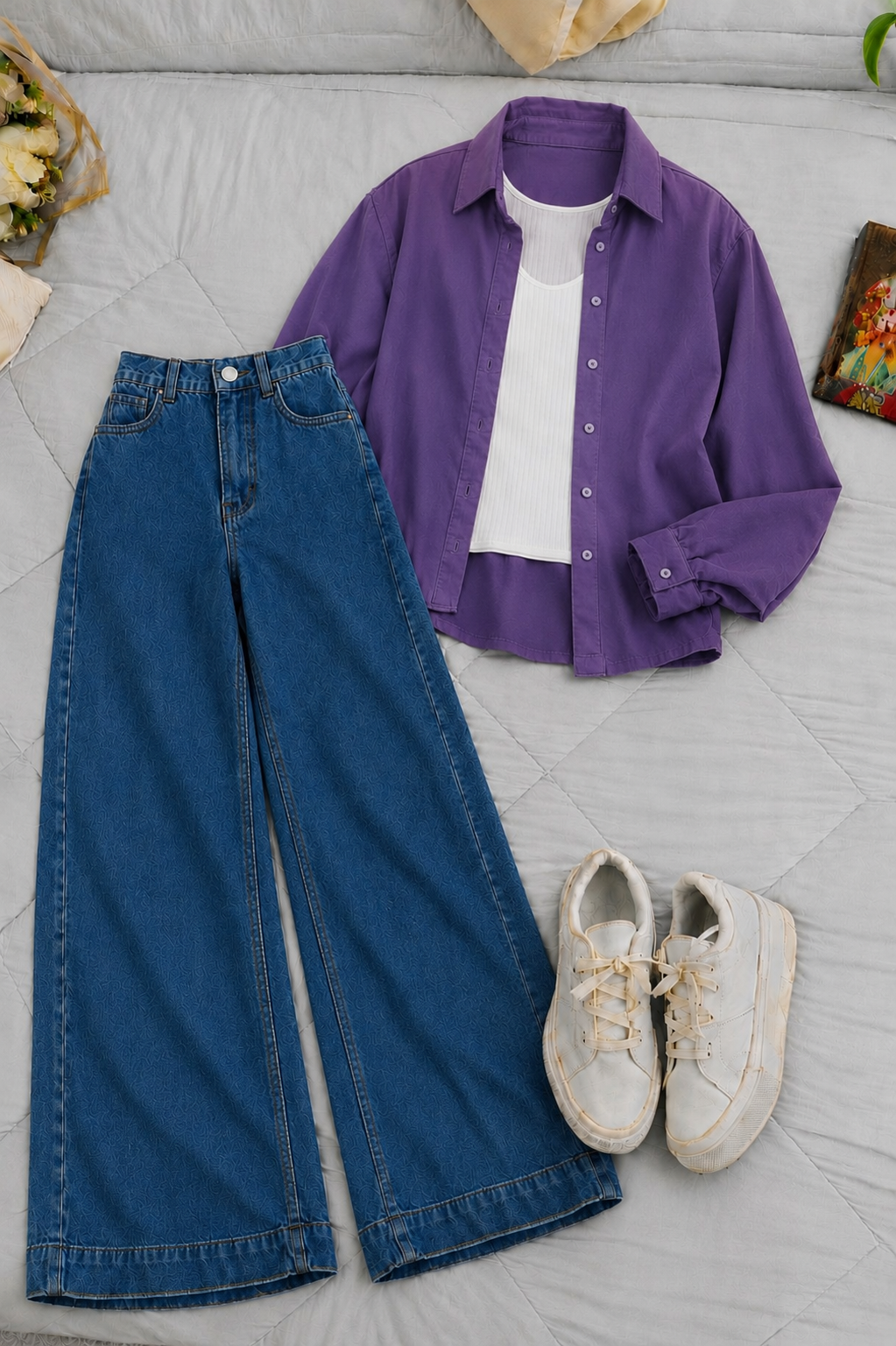 Purple Button-Down Shirt With White Crop Tank Top & Mid Blue High-Waisted Wide Leg Denim Jeans