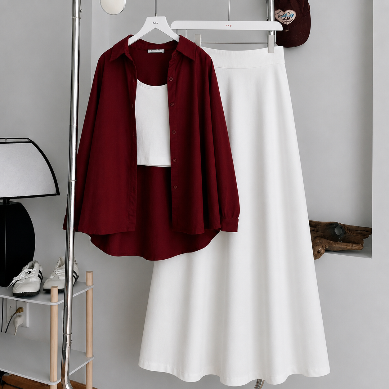 Burgundy Button-Down Shirt With White Crop Tank Top & White Summer Flowy Maxi Skirt