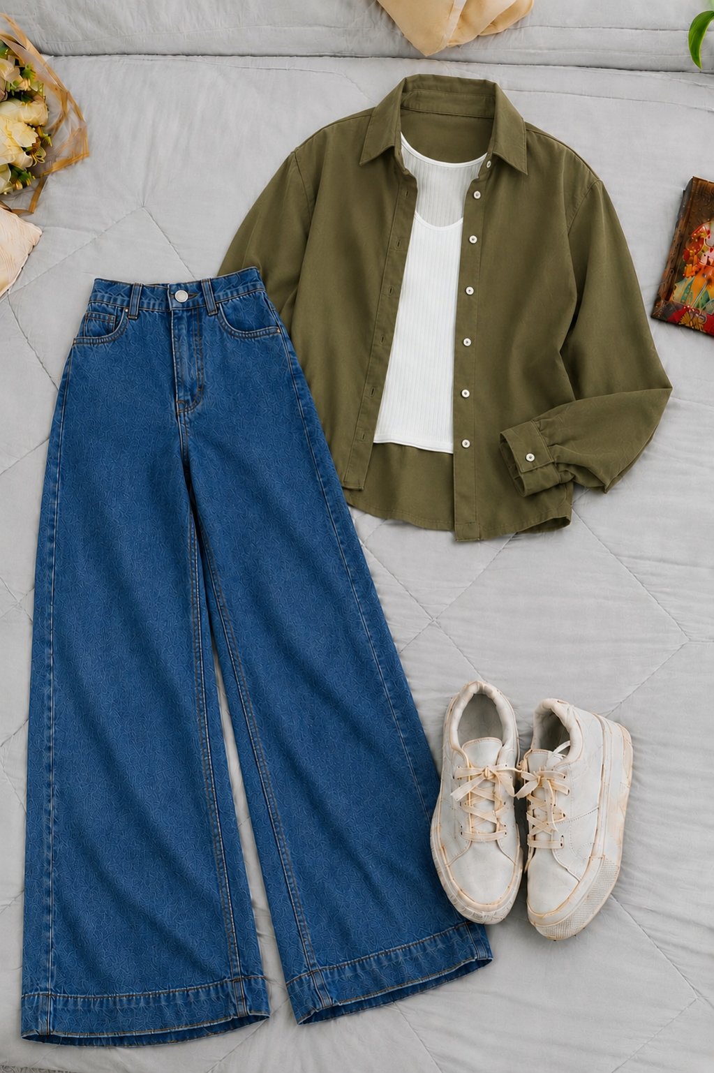 Olive Green Button-Down Shirt With White Crop Tank Top & Mid Blue High-Waisted Wide Leg Denim Jeans