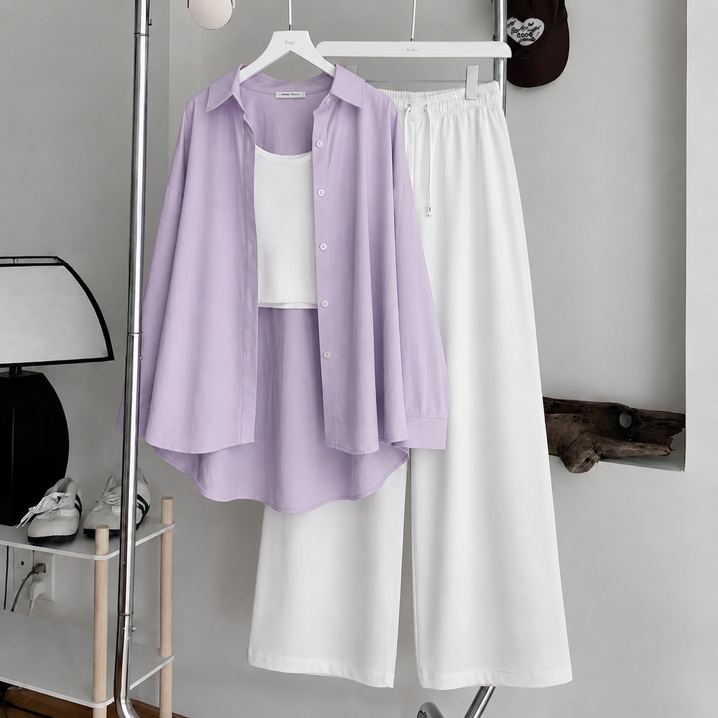 Lilac Button-Down Shirt With White Ribbed Knit Tank Top & White Flapper Trouser