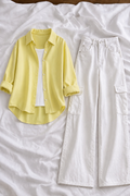 Pale Yellow Button-Down Shirt With White Tank Top & White High-Waisted Cargo Denim Jeans
