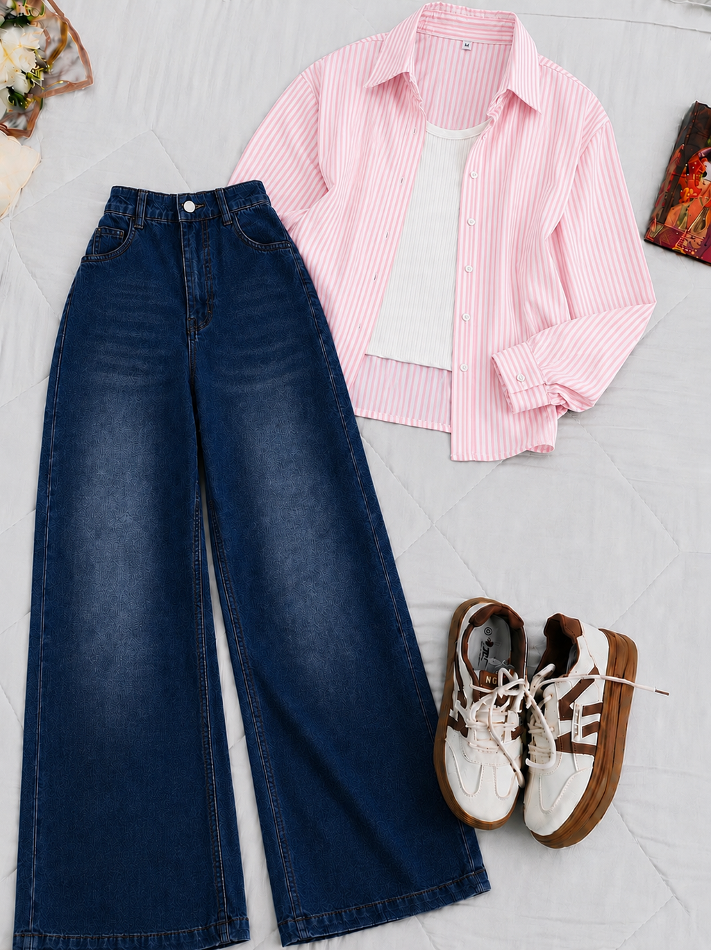 Baby Pink Button-Down Shirt With White Crop Tank Top Mid Blue Vintage Wide Leg Jeans