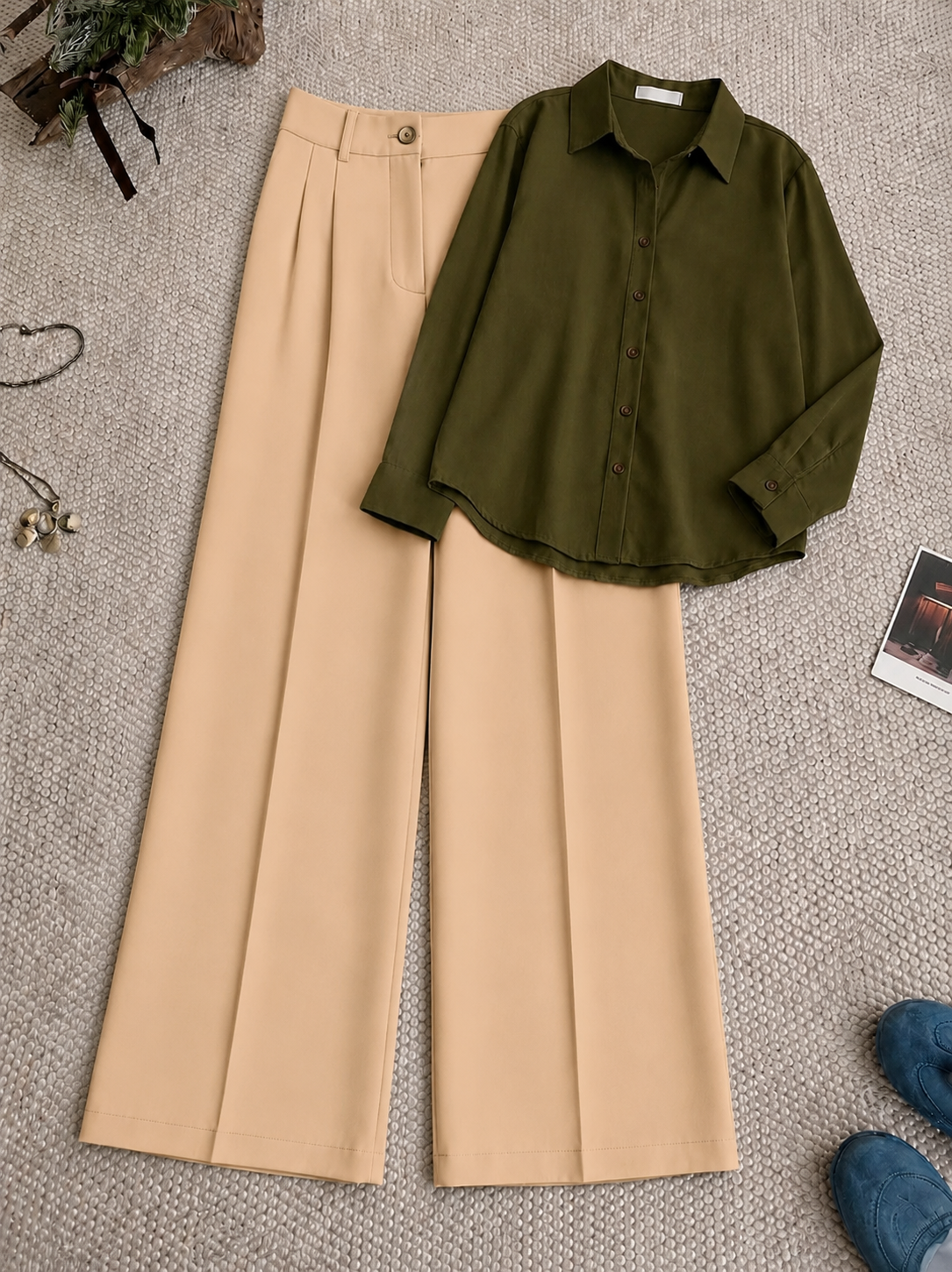 Olive Green Button-Down Shirt with Beige Formal Pants
