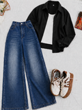 Black Button-Down Shirt With White Crop Tank Top Dark Blue Vintage Wide Leg Jeans