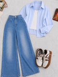 Sky Blue Stripe Button-Down Shirt With White Crop Tank Top Sky Blue Vintage Wide Leg Jeans