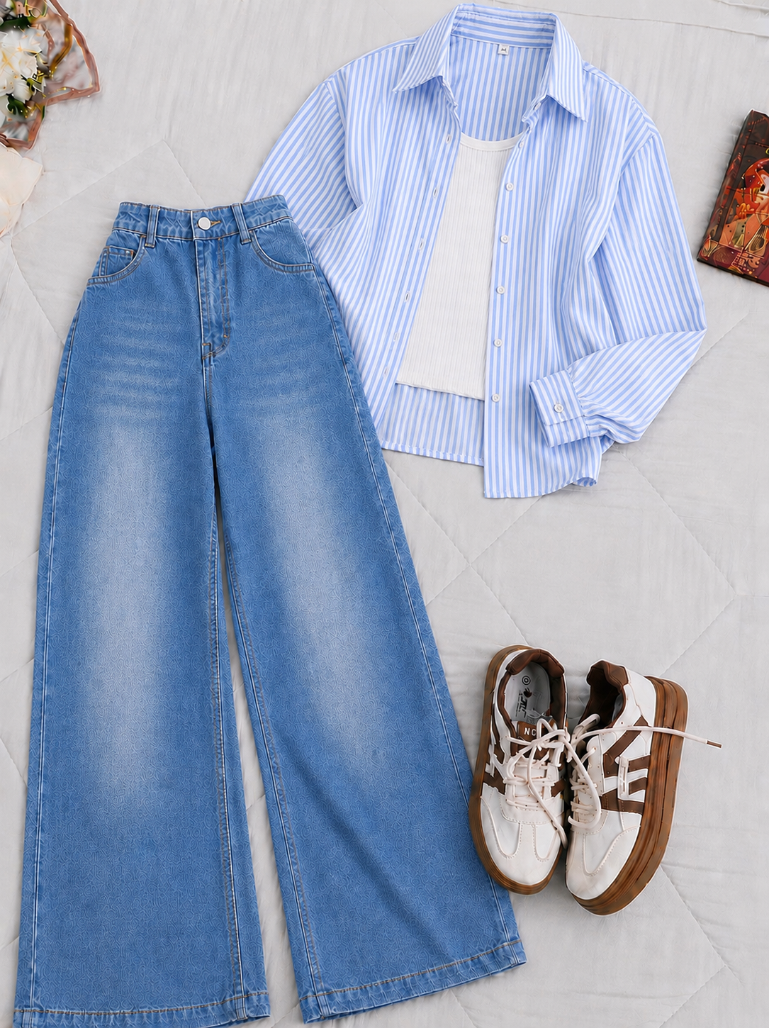 Sky Blue Stripe Button-Down Shirt With White Crop Tank Top Sky Blue Vintage Wide Leg Jeans
