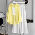 Pale Yellow Button-Down Shirt With White Ribbed Knit Tank Top & White Flapper Trouser