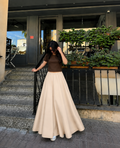 Dark Brown Cropped Tee & Beige Summer Flowy Maxi Skirt