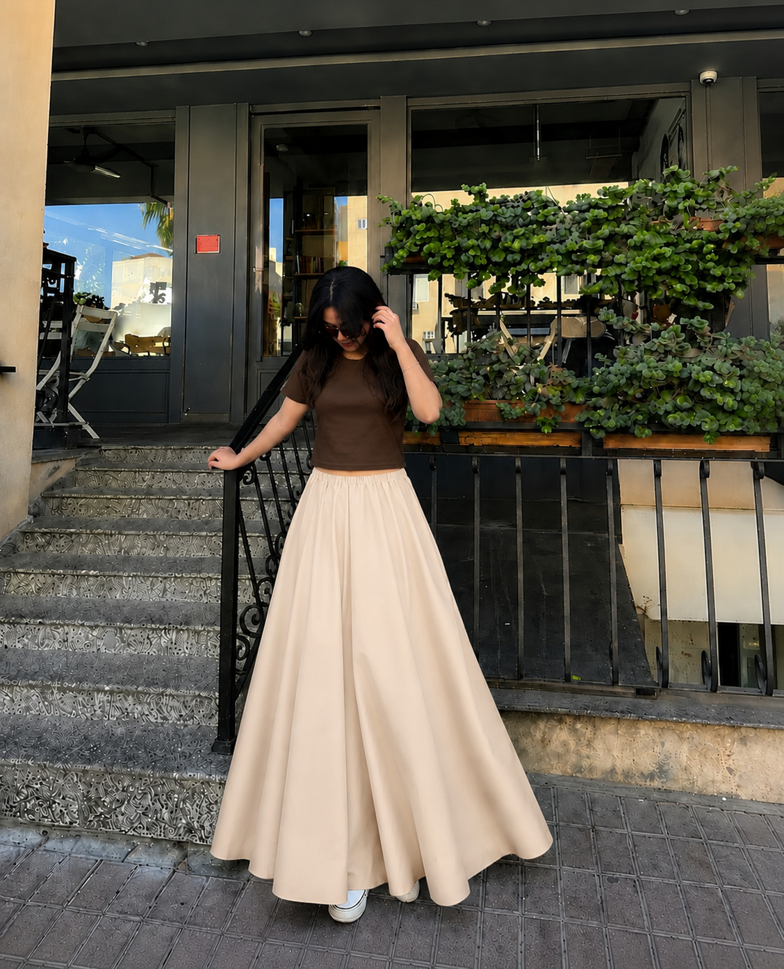 Dark Brown Cropped Tee & Beige Summer Flowy Maxi Skirt