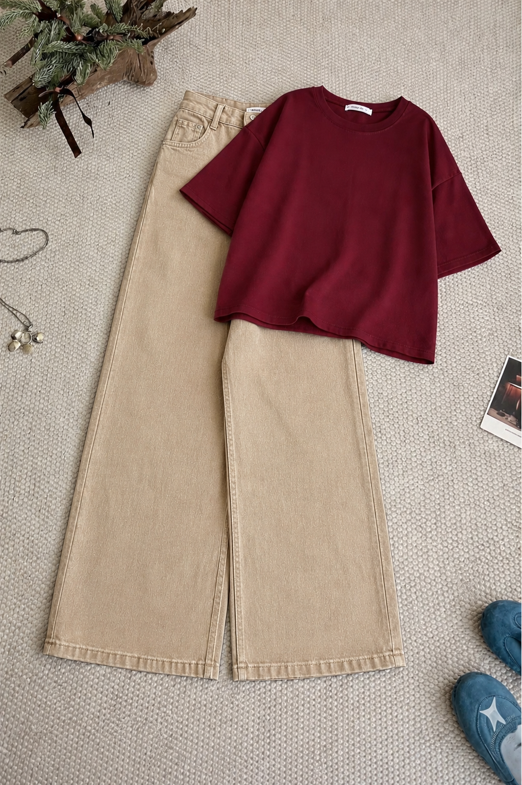 Burgundy Oversized Tee With Beige Wide Leg Jeans