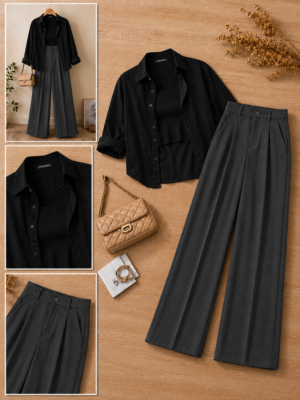 Black Button-Down Shirt With Black Crop Tank Top & Grey Formal Cotton Pants