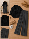 Black Button-Down Shirt With Black Crop Tank Top & Grey Formal Cotton Pants