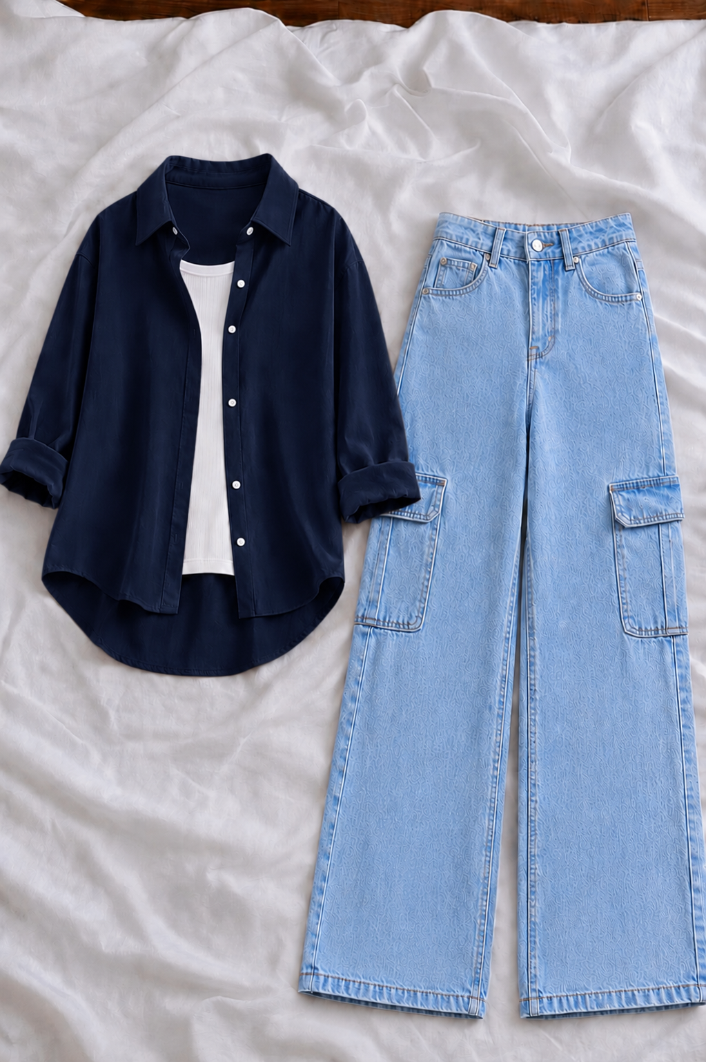 Navy Blue Button-Down Shirt With White Tank Top & Sky Blue High-Waisted Cargo Denim Jeans