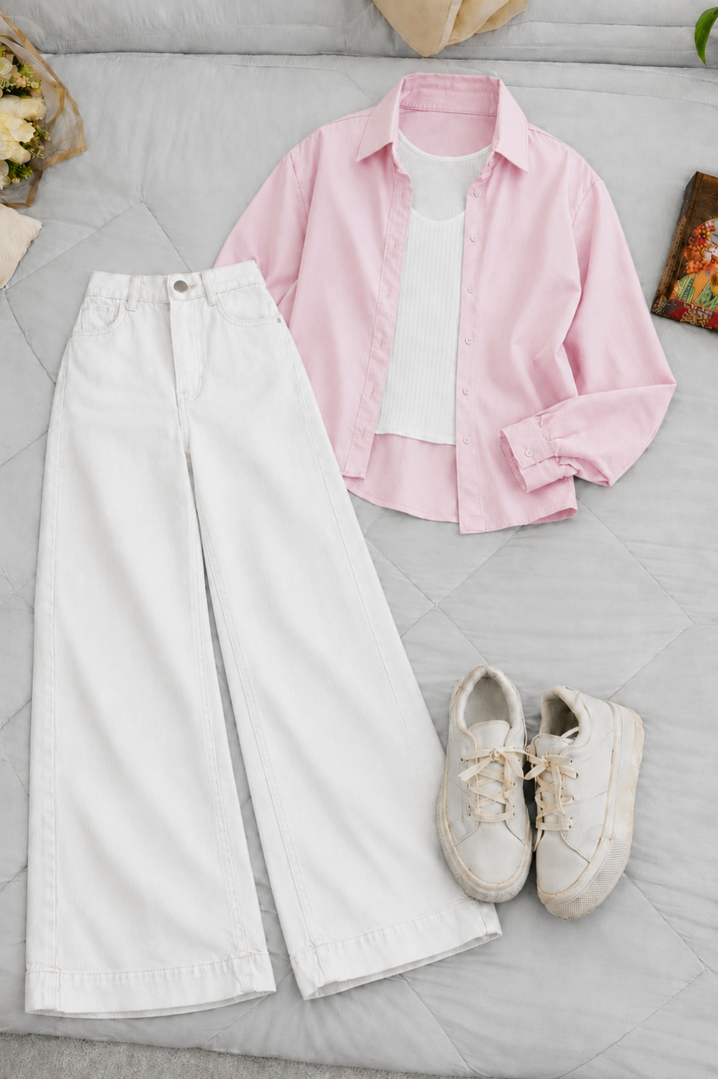 Baby Pink Button-Down Shirt With White Crop Tank Top & White High-Waisted Wide Leg Denim Jeans