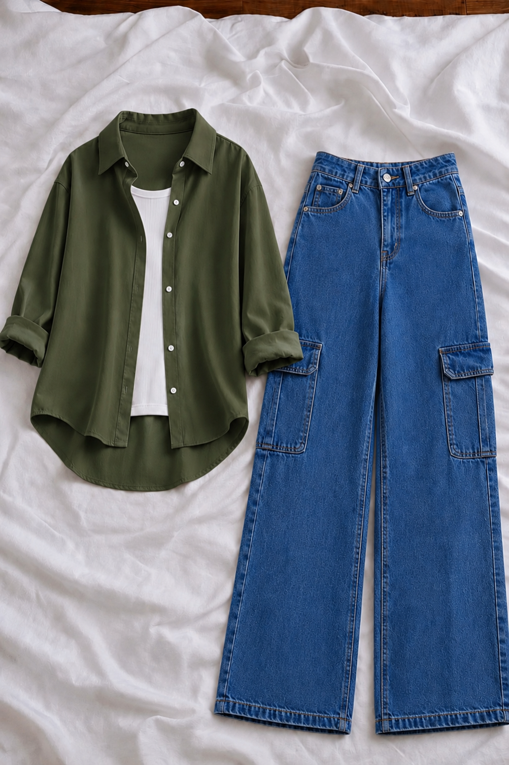 Olive Green Button-Down Shirt With White Tank Top & Mid Blue High-Waisted Cargo Denim Jeans