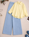 Pale Yellow Button Down Shirt With Mid Blue Wide leg Jeans Set