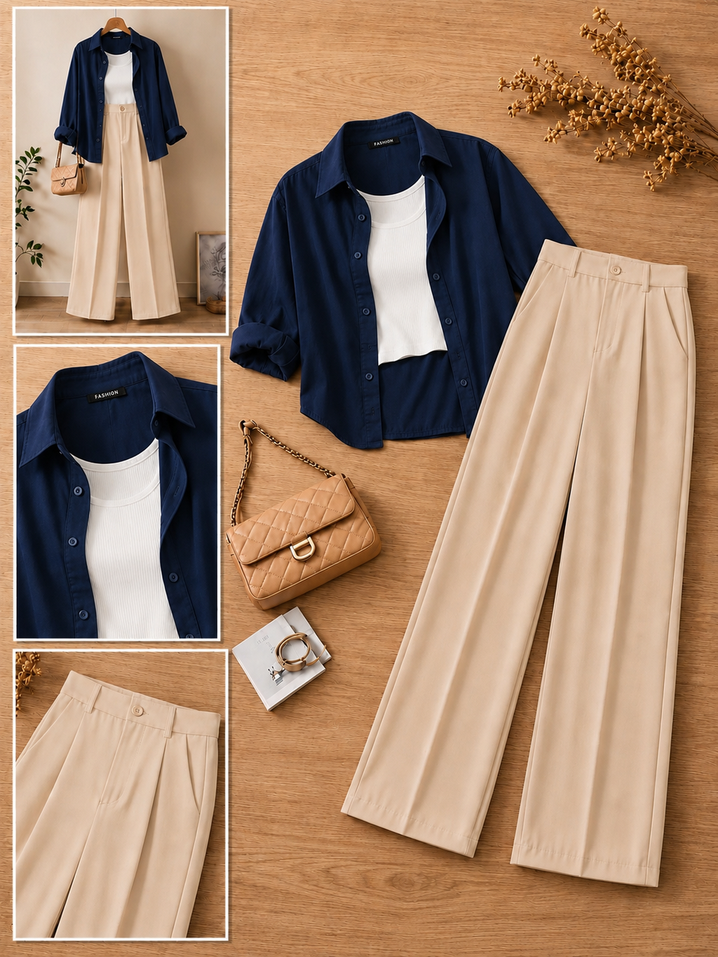 Navy Blue Button-Down Shirt With White Crop Tank Top & Chocolate Brown Formal Cotton Pants