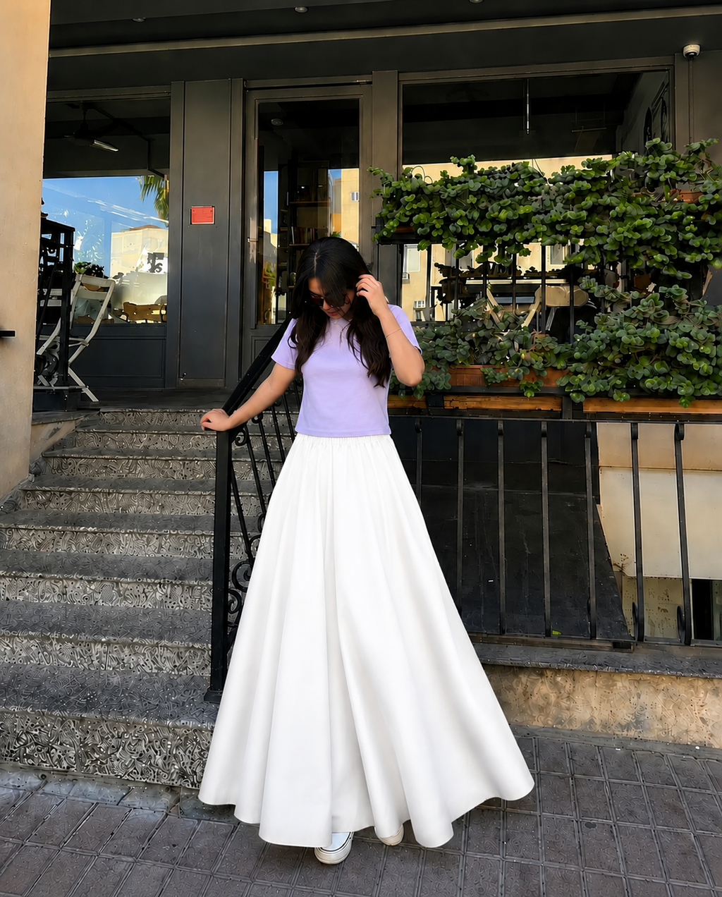 Lilac Cropped Tee & White Summer Flowy Maxi Skirt