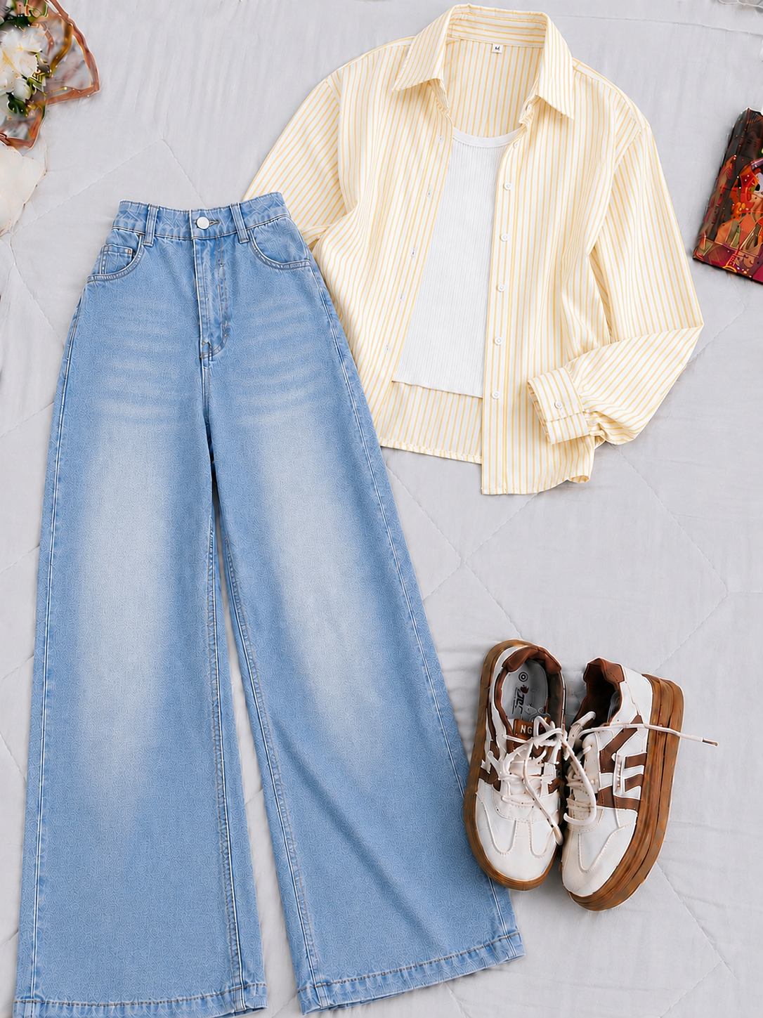 Pale Yellow Stripe Button-Down Shirt With White Crop Tank Top Sky Blue Vintage Wide Leg Jeans