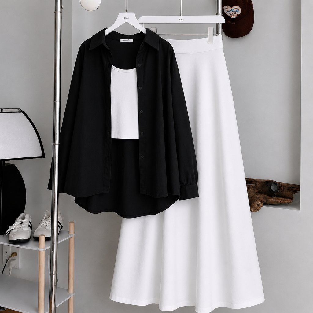 Black Button-Down Shirt With White Crop Tank Top & White Summer Flowy Maxi Skirt