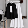 Black Button-Down Shirt With White Crop Tank Top & White Summer Flowy Maxi Skirt