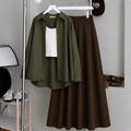 Olive Green Button-Down Shirt With White Crop Tank Top & Chocolate Brown Summer Flowy Maxi Skirt