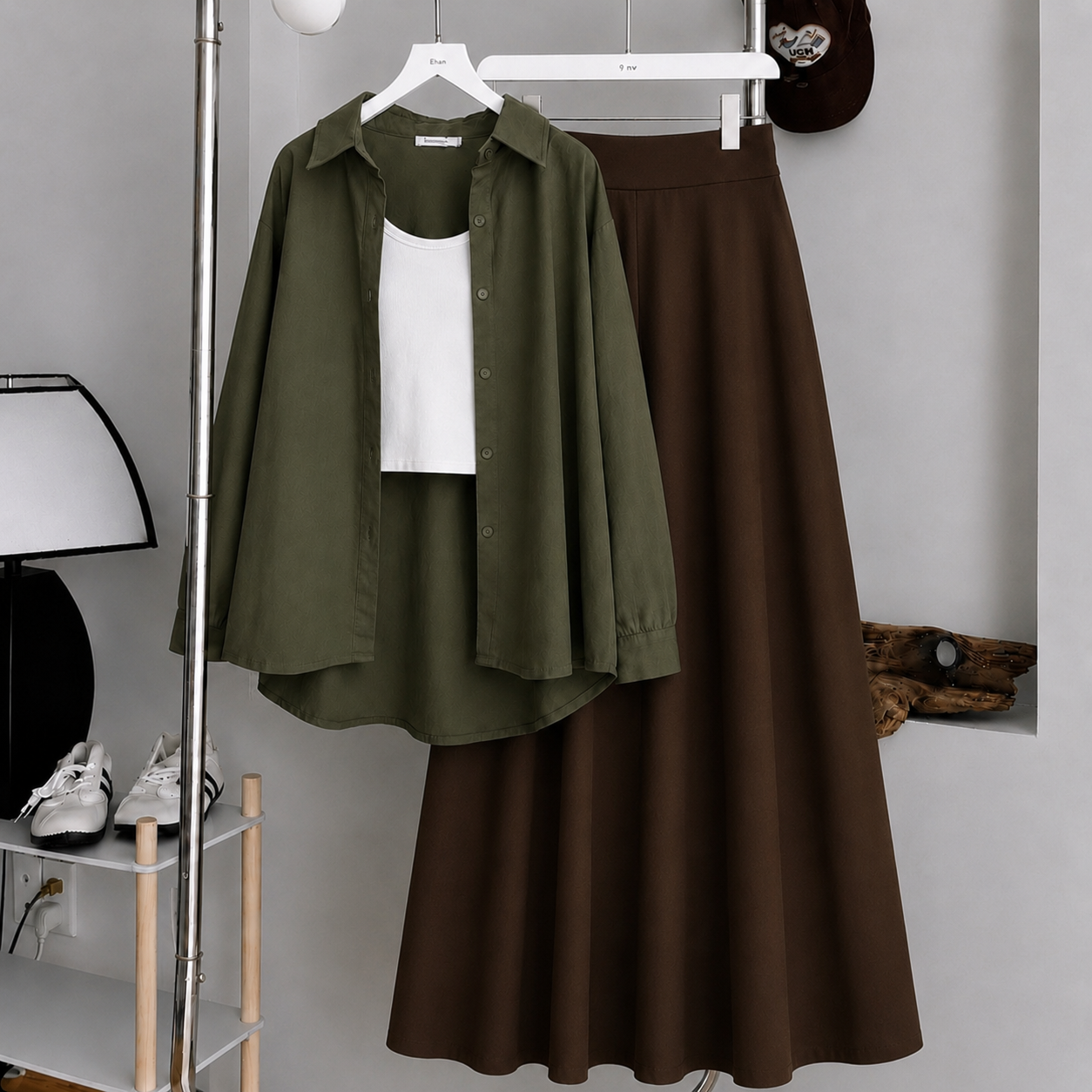 Olive Green Button-Down Shirt With White Crop Tank Top & Chocolate Brown Summer Flowy Maxi Skirt