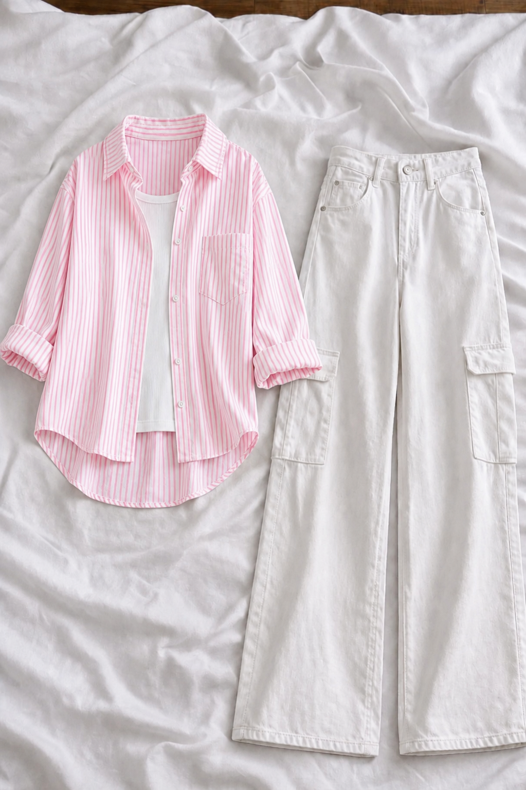 Baby Pink Stripe Button-Down Shirt With White Tank Top & White High-Waisted Cargo Denim Jeans