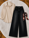Beige Button-Down Shirt & Black Vintage Washed Wide Leg Jeans
