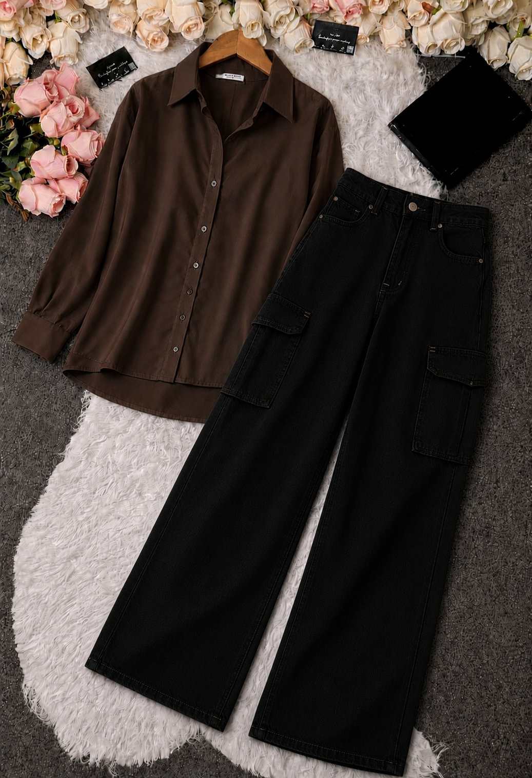 Chocolate Brown Button-Down Shirt & Black High-Waisted Cargo Denim Jeans