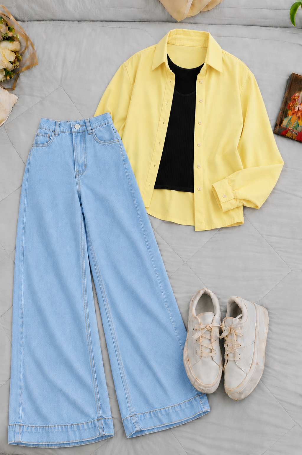 Pale Yellow Button-Down Shirt With Black Crop Tank Top & Sky Blue High-Waisted Wide Leg Denim Jeans