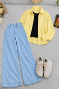 Pale Yellow Button-Down Shirt With Black Crop Tank Top & Sky Blue High-Waisted Wide Leg Denim Jeans