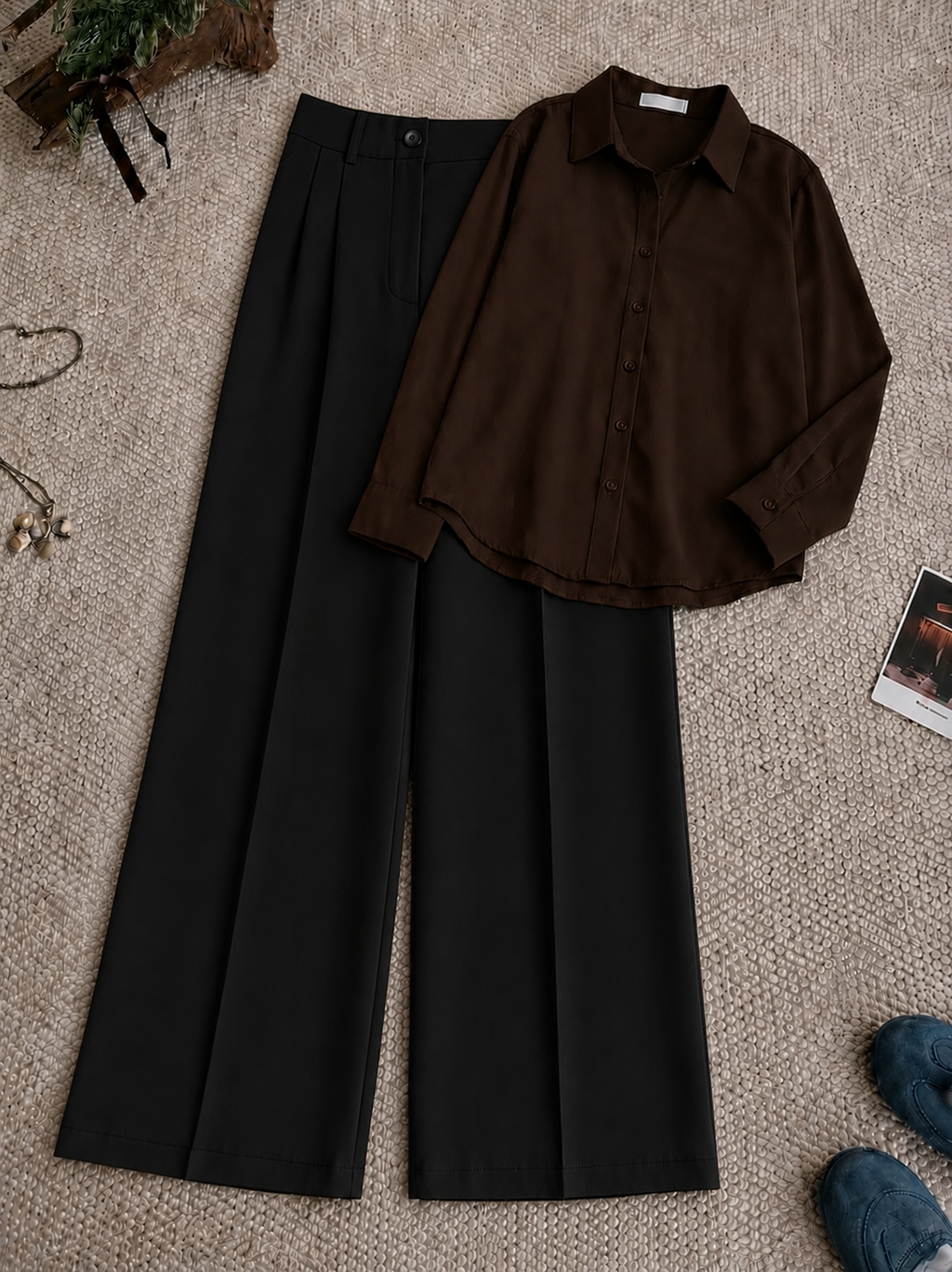 Dark Brown Button-Down Shirt with Black Formal Pants