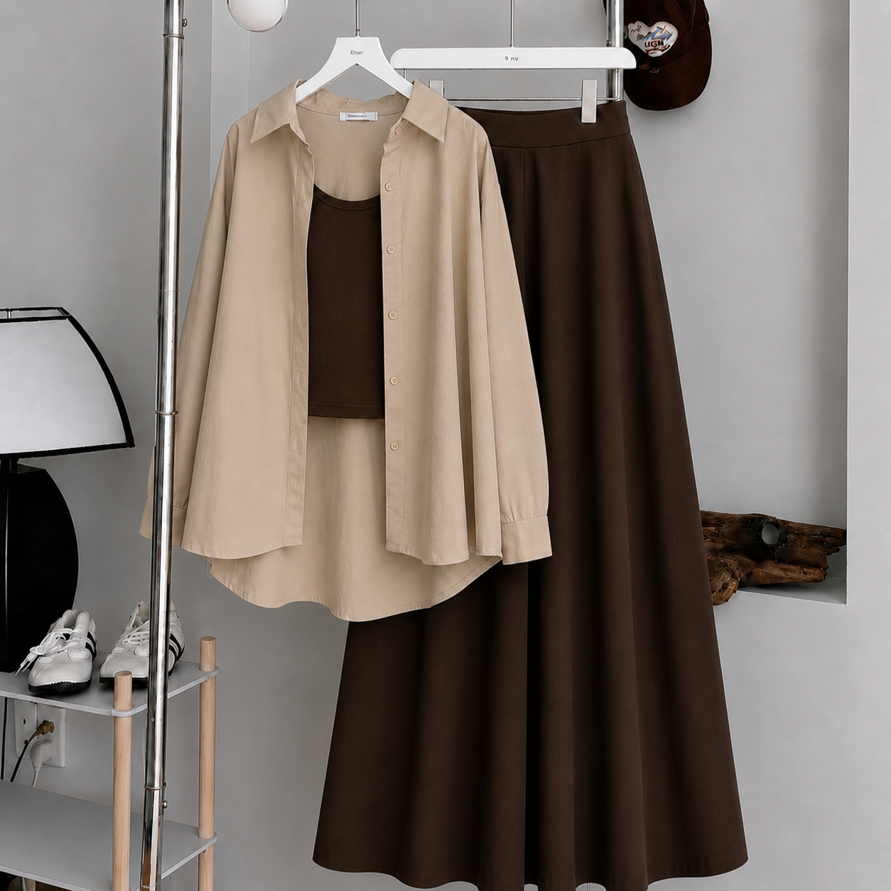 Beige Button-Down Shirt With Chocolate Brown Crop Tank Top & Chocolate Brown Summer Flowy Maxi Skirt
