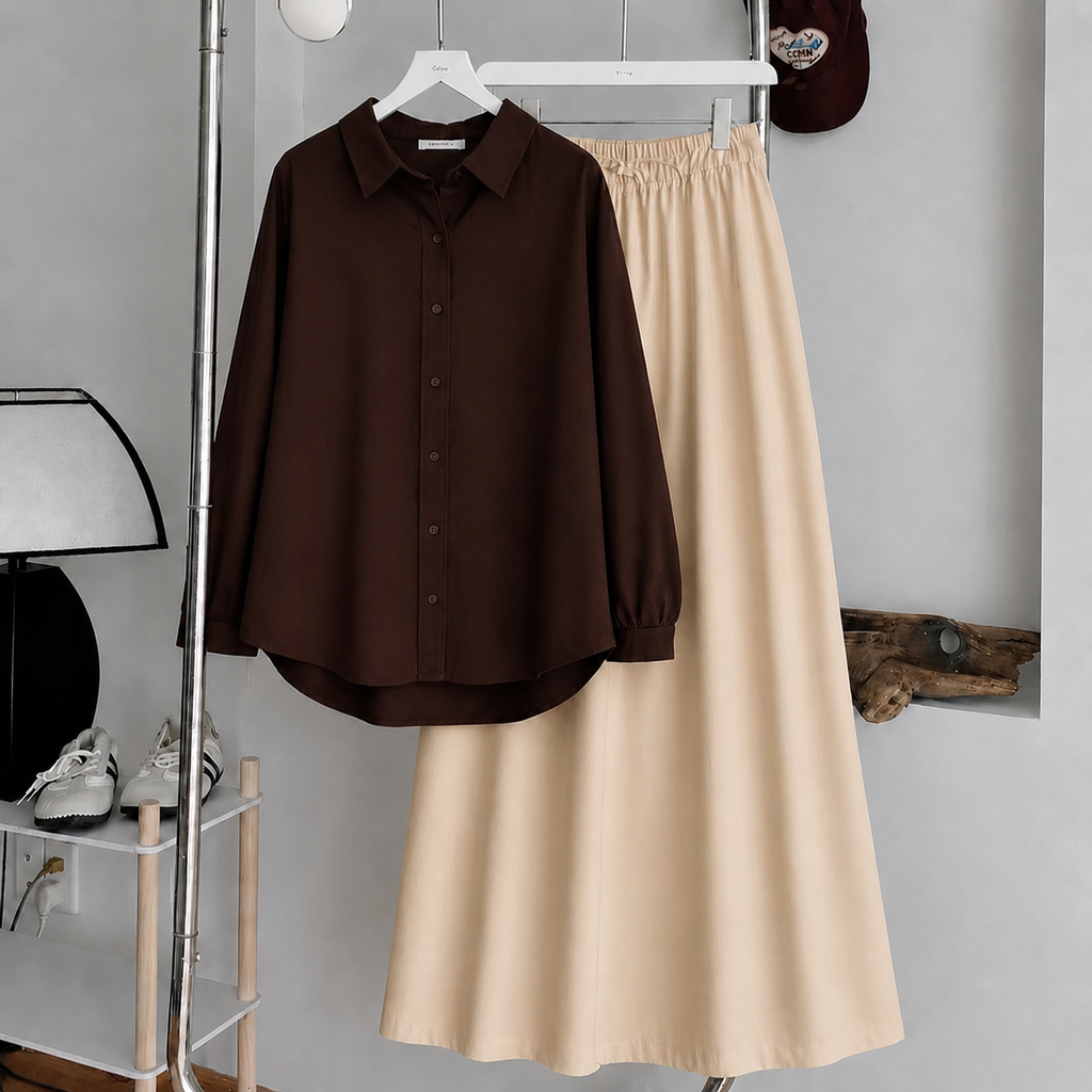 Chocolate Brown Button-Down Shirt & Beige Summer Flowy Maxi Skirt