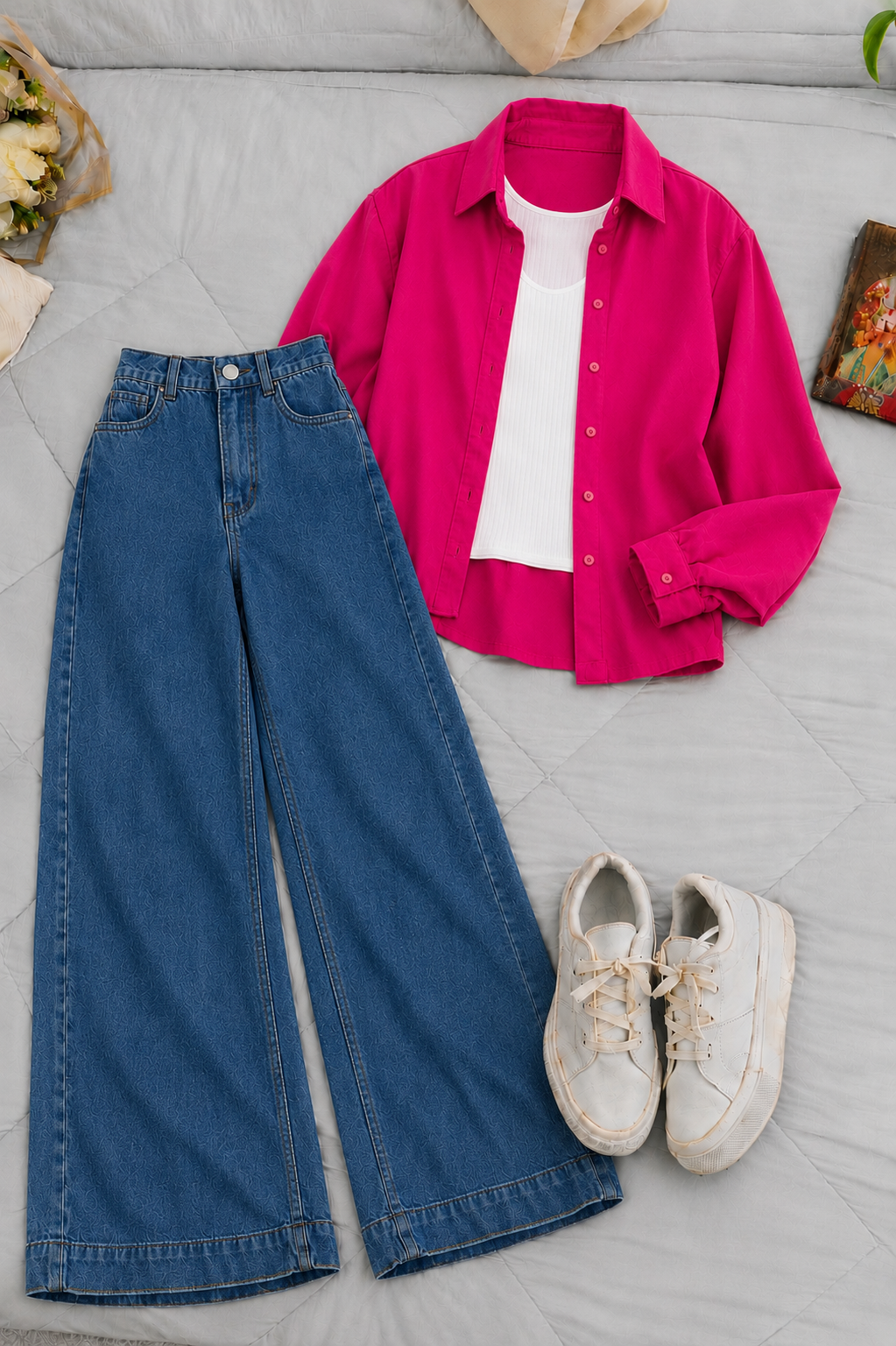 Pink Button-Down Shirt With White Crop Tank Top & Mid Blue High-Waisted Wide Leg Denim Jeans