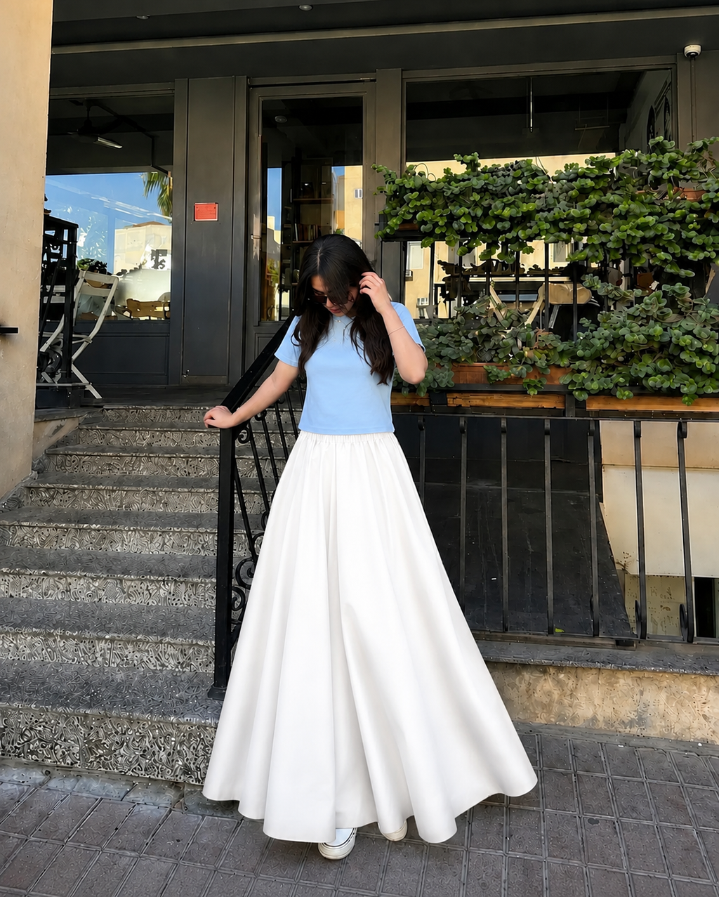 Baby Blue Cropped Tee & White Summer Flowy Maxi Skirt