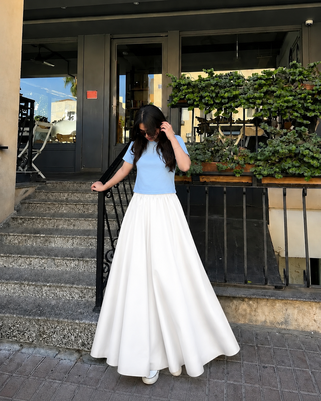 Baby Blue Cropped Tee & White Summer Flowy Maxi Skirt