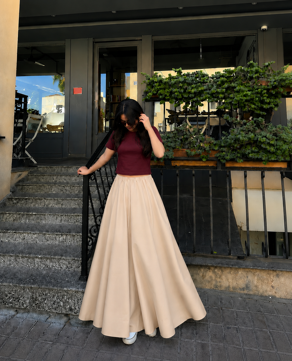 Burgundy Cropped Tee & Beige Summer Flowy Maxi Skirt