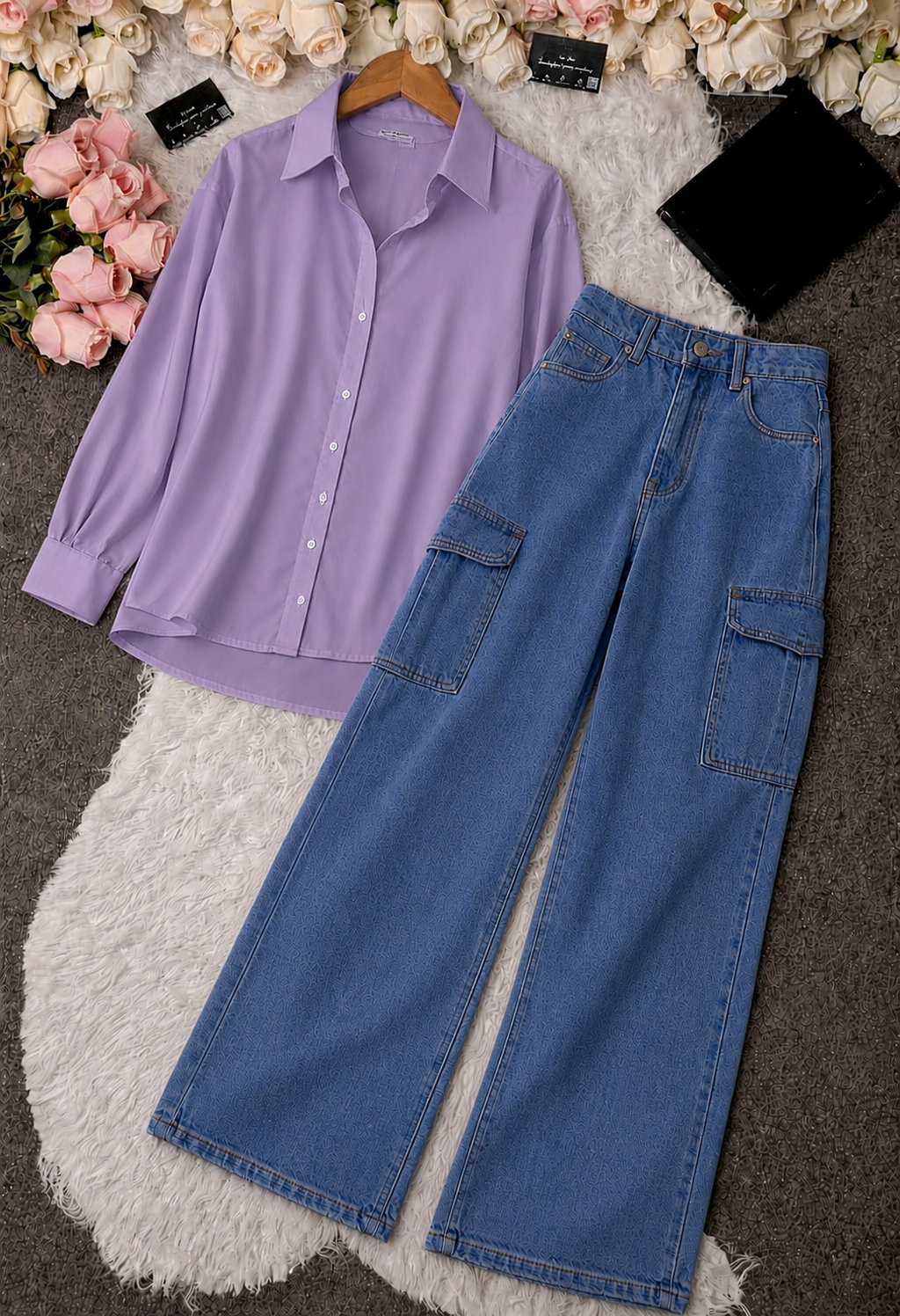 Lilac Button-Down Shirt & Mid Blue High-Waisted Cargo Denim Jeans