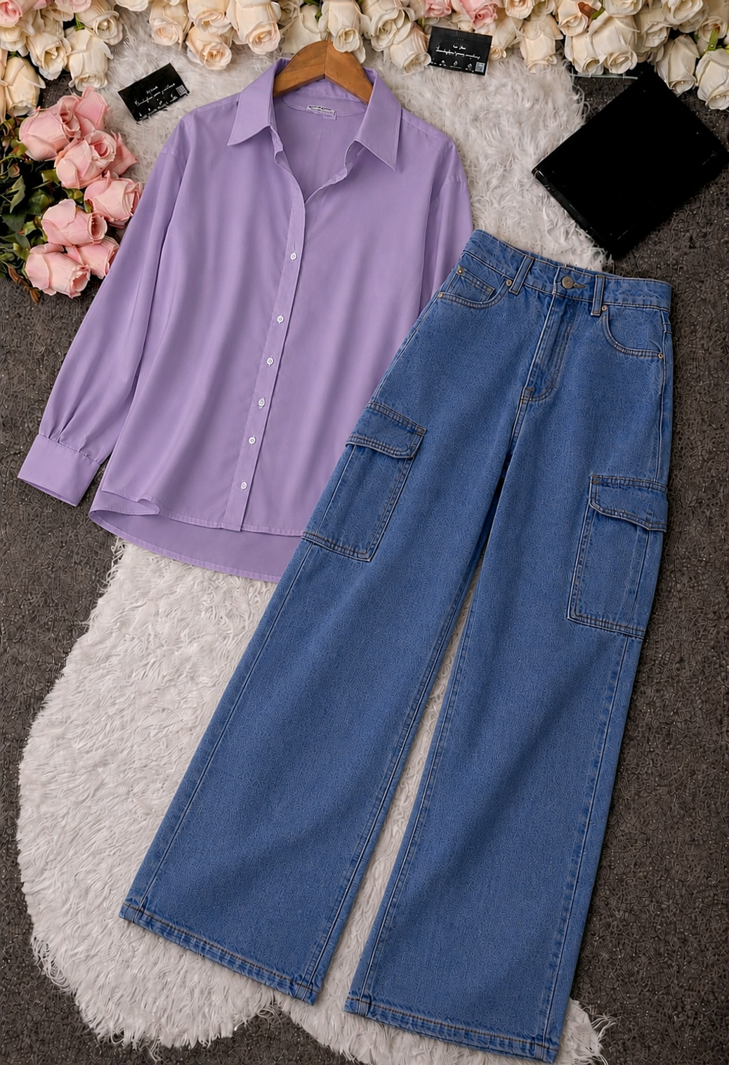 Lilac Button-Down Shirt & Mid Blue High-Waisted Cargo Denim Jeans
