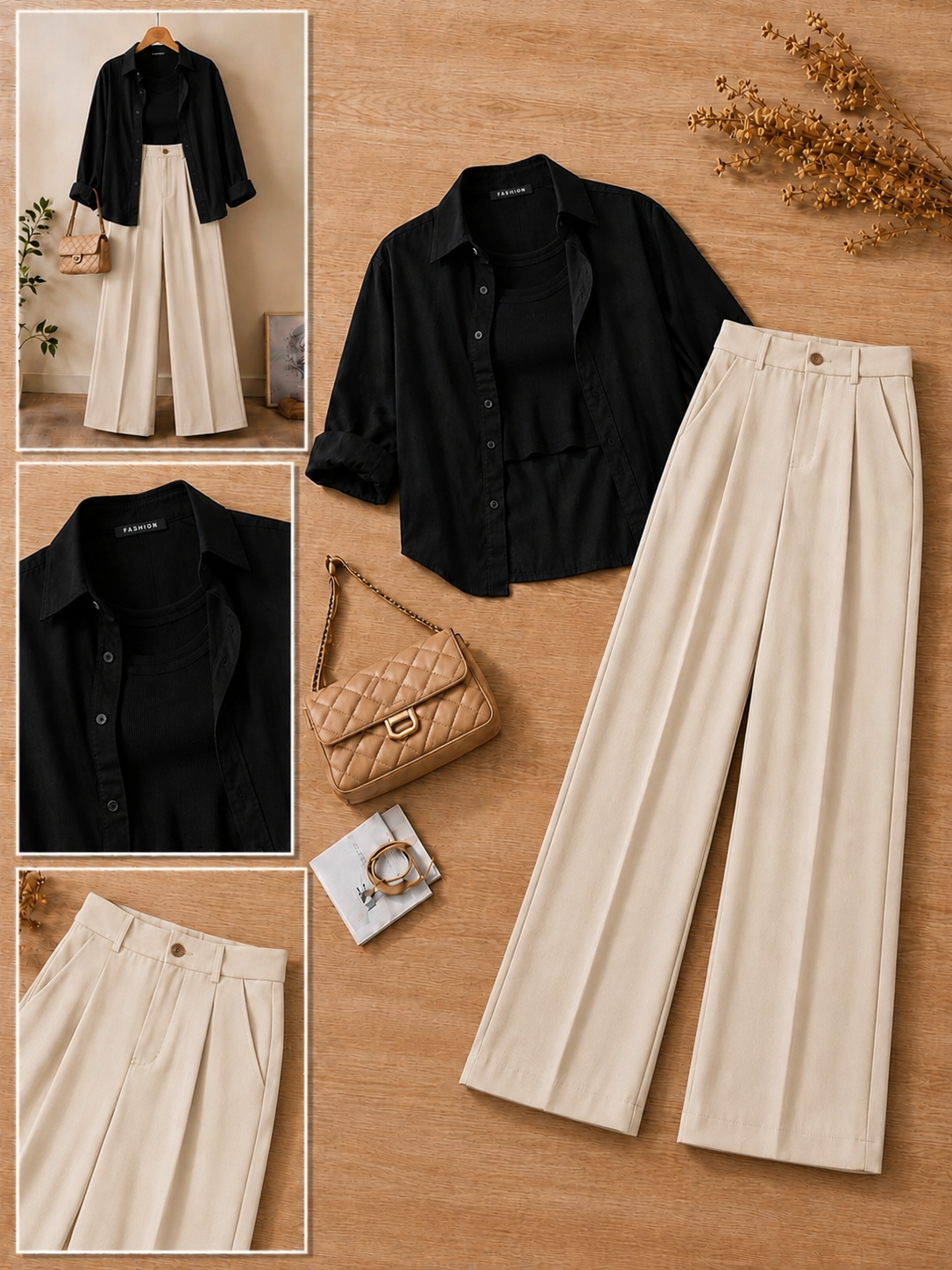 Black Button Down Shirt With Black Crop Tank Top & Beige Formal Cotton Pants