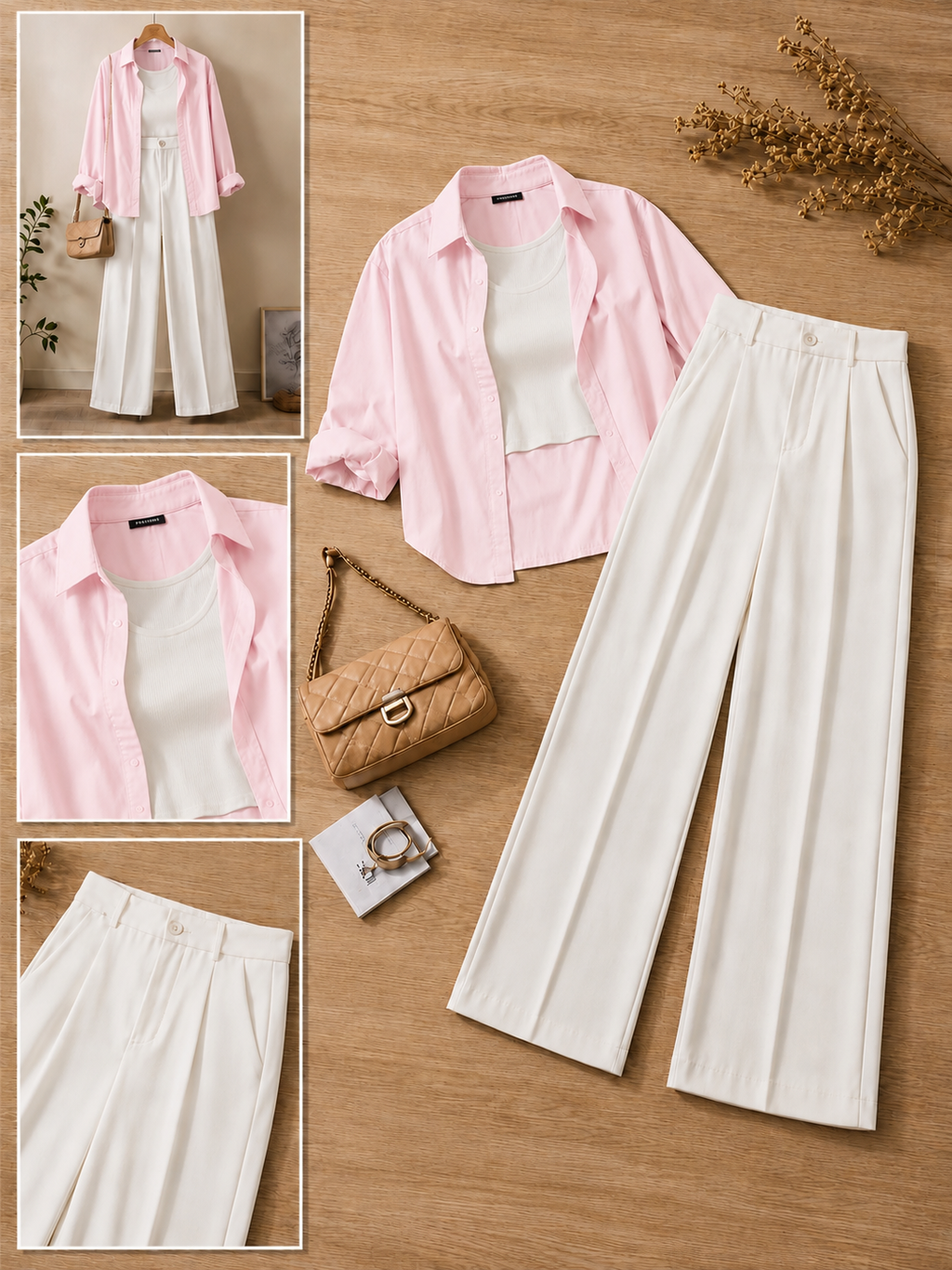 Baby Pink Button-Down Shirt With White Crop Tank Top & White Formal Cotton Pants