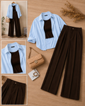 Sky Blue Button-Down Shirt With Brown Crop Tank Top & Chocolate Brown Formal Cotton Pants