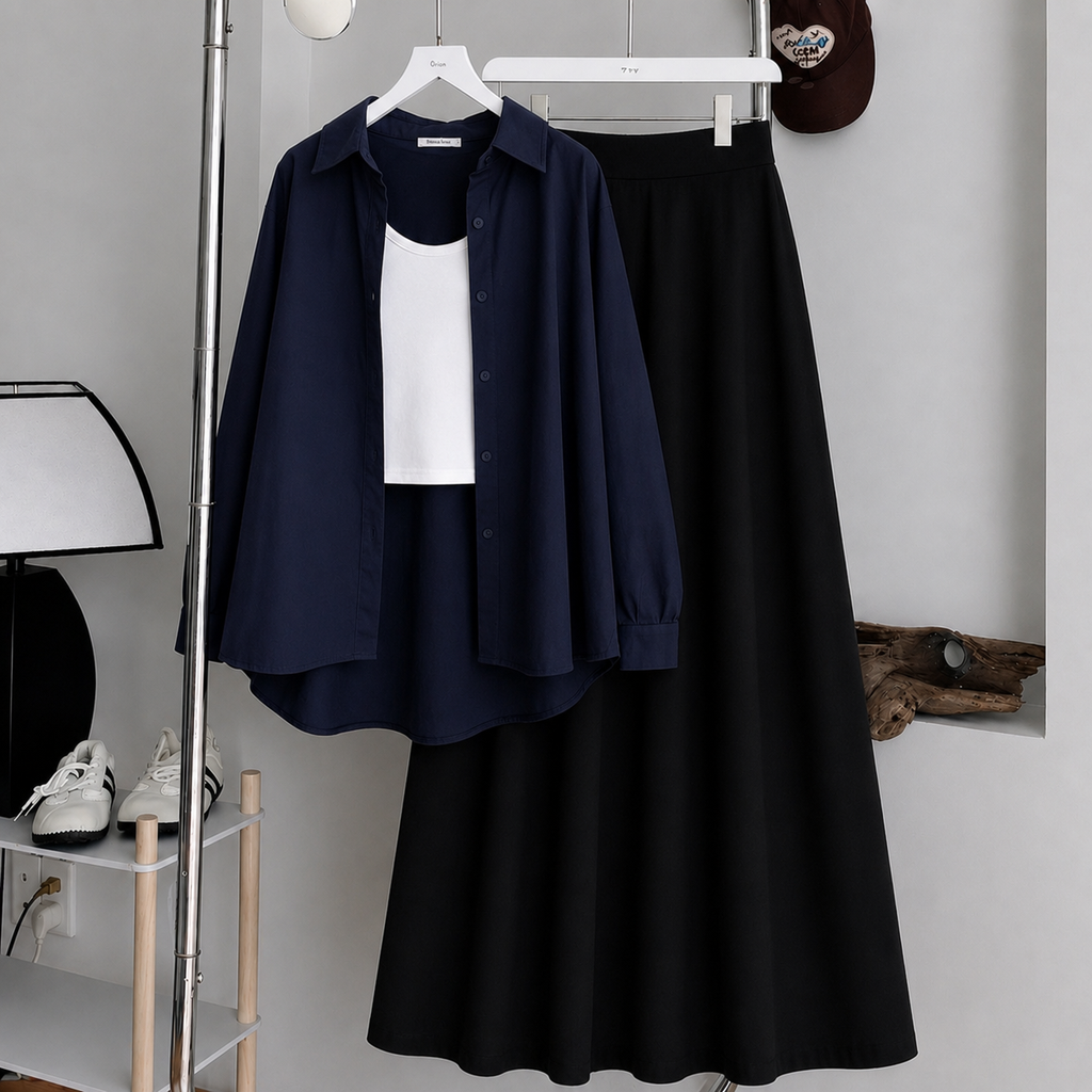 Navy Blue Button-Down Shirt With White Crop Tank Top & Black Summer Flowy Maxi Skirt