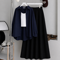 Navy Blue Button-Down Shirt With White Crop Tank Top & Black Summer Flowy Maxi Skirt