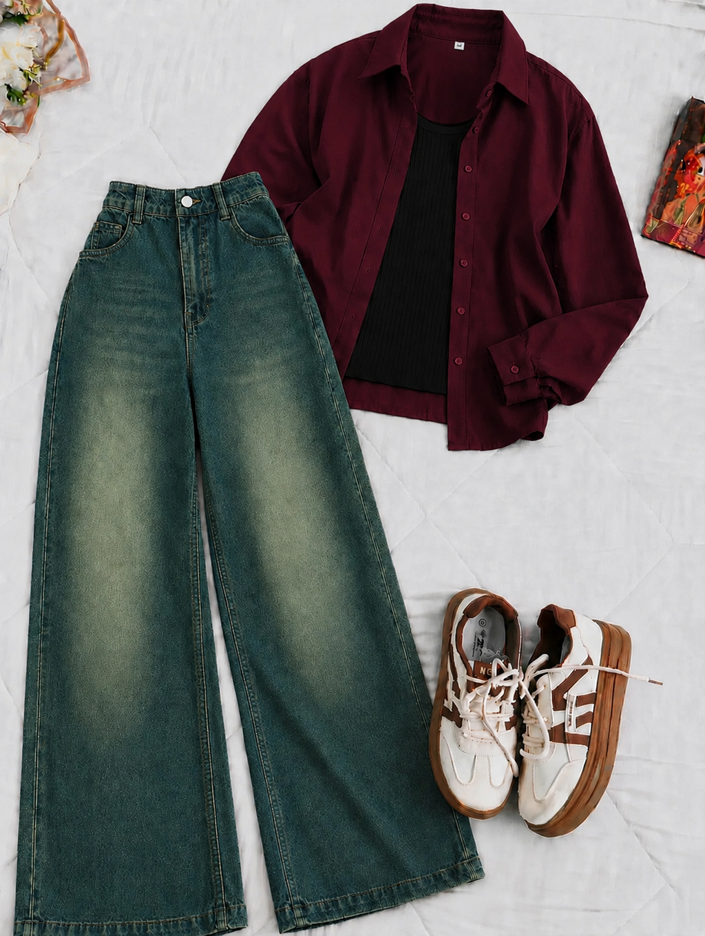 Burgundy Button-Down Shirt With White Crop Tank Top & deep blue-green Vintage Wide Leg Jeans