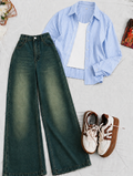 Sky Blue Stripe Button-Down Shirt With White Crop Tank Top Deep Blue-Green Vintage Wide Leg Jeans