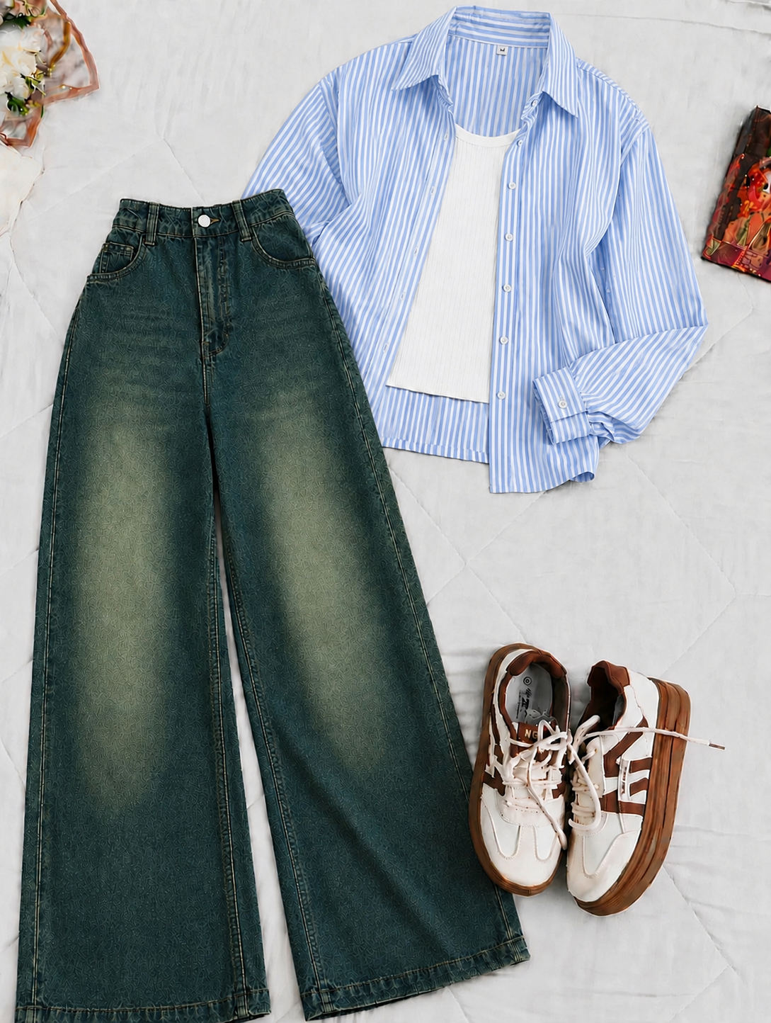 Sky Blue Stripe Button-Down Shirt With White Crop Tank Top Deep Blue-Green Vintage Wide Leg Jeans